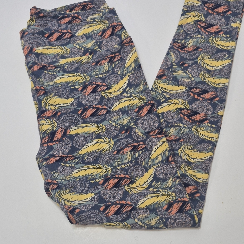 LuLaRoe TC Leggings Blue with Yellow and Coral  Feathers